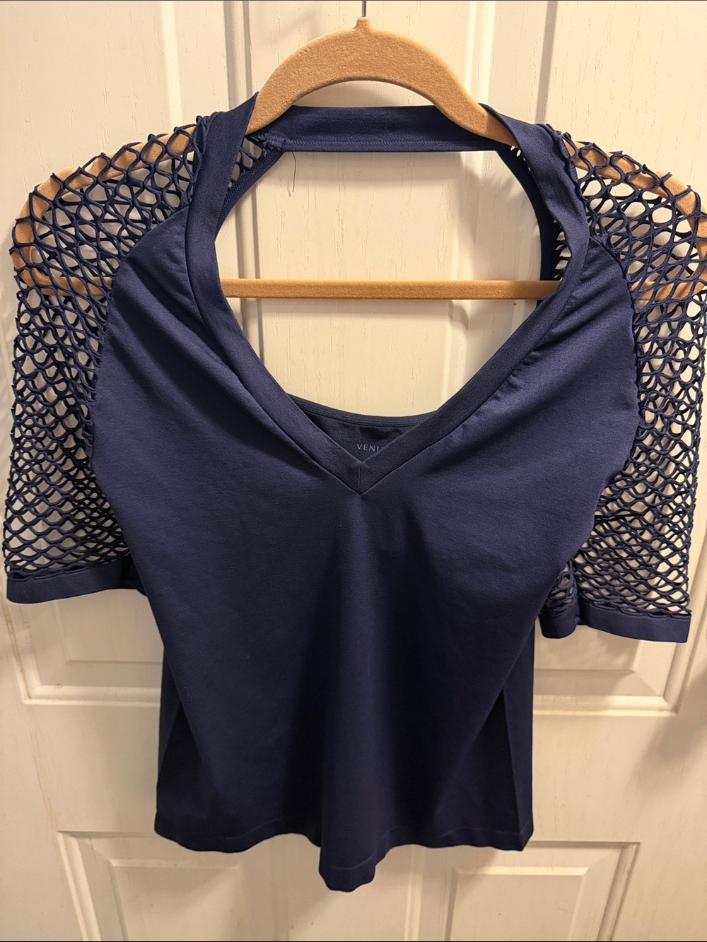 VENUS Navy V-Neck Top with Open Mesh Short Sleeves
